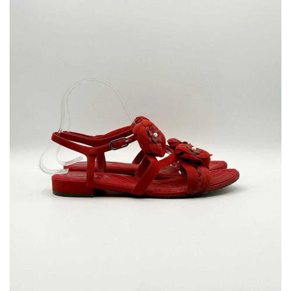 Chanel Red Suede Sandals w/ Camelia Flower Accents Pearls T Strap Size EU 37